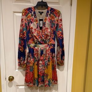 Marciano Orange and Blue Mini Wrap Dress with V-Neck